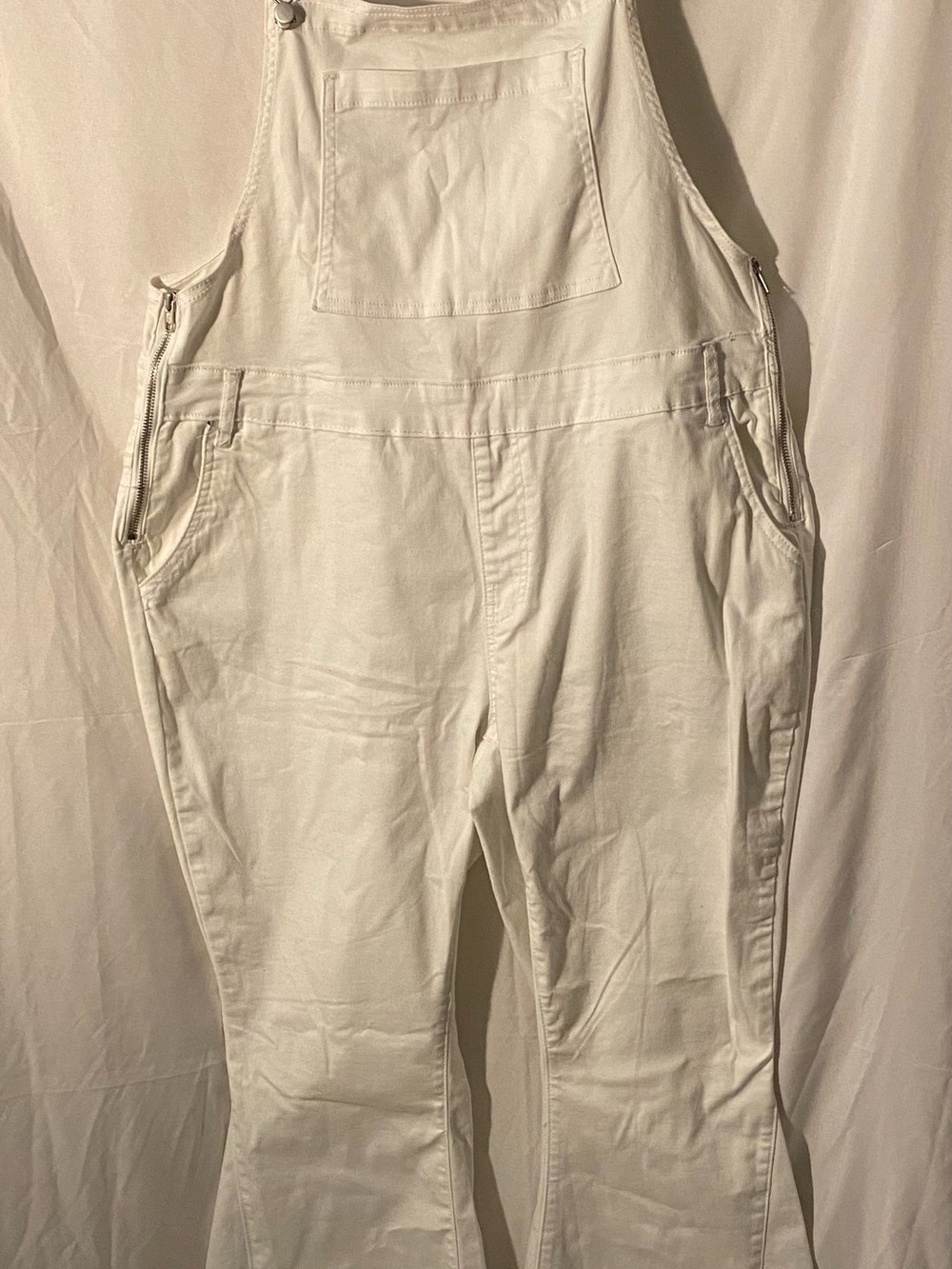 Fashion Nova Soul Searching Extreme Flare Denim Overalls in crisp white, size 18